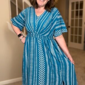 BloomChic Blue V-Neck Short Sleeve Midi Sundress